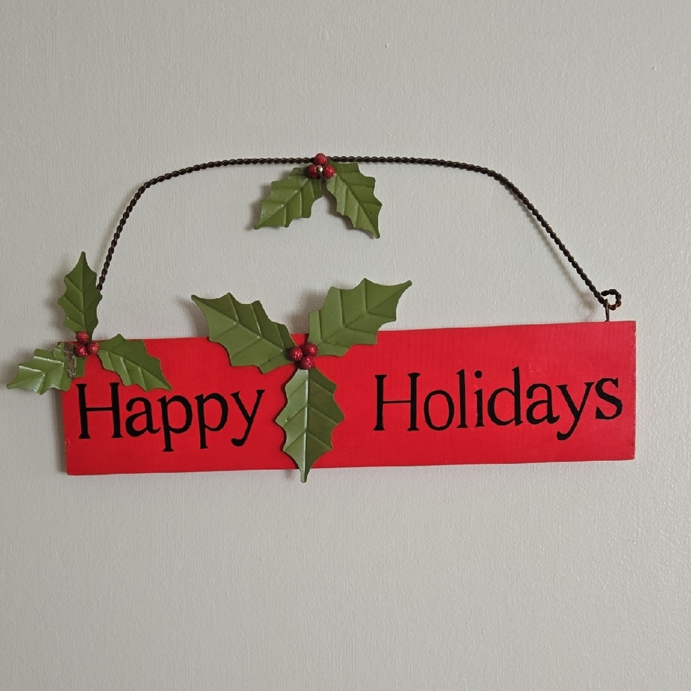 Wood And Metal Festive Red "Happy Holidays" Sign with Green Holly